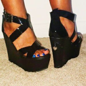 Patent Leather Crisscross Platform Wedge Heels